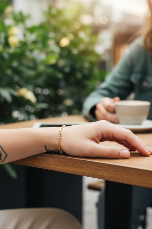 Sarina ~ Two Tone Gold Hammered 3mm | Sterling Silver 2.5mm Bangle Beaded Bracelet