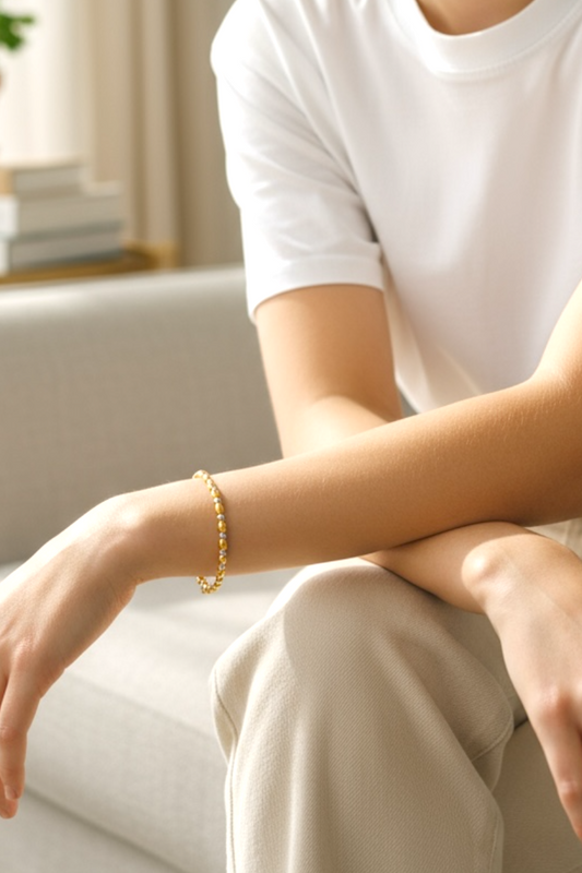 Mixed Metal Beaded Bracelet ~ Gold Rice Bead 5mm | Sterling Silver 2.5mm Alternating Pattern ~ Victoria