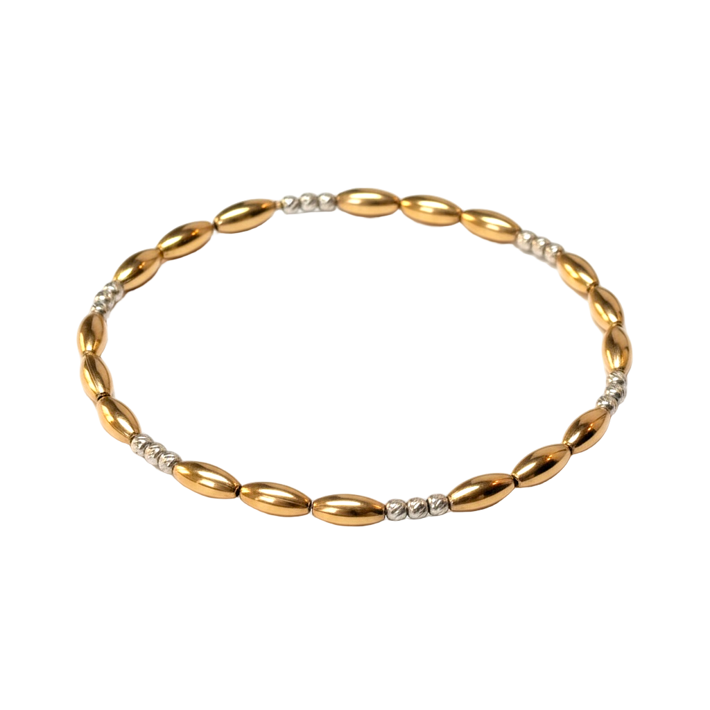 Mixed Metal Beaded Bracelet ~ Gold Rice Bead 7mm | Sterling Silver Moon Cut 2.5mm Triple Pattern ~ Deborah