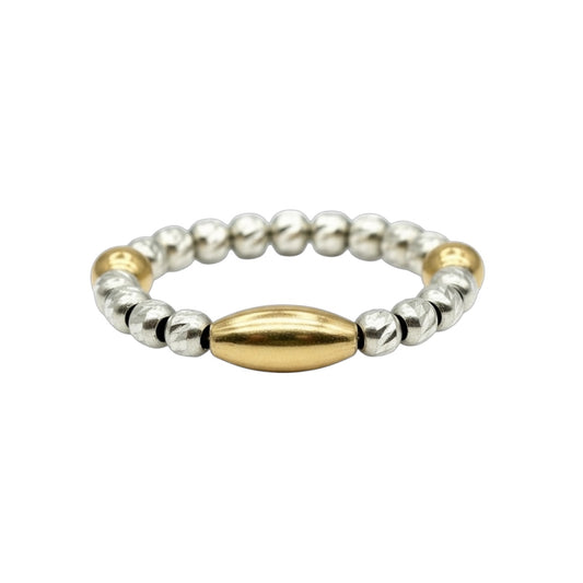 Flora Ring ~ Two Tone Gold Rice 7mm | Sterling Silver Moon Cut 2.5mm Beaded Ring