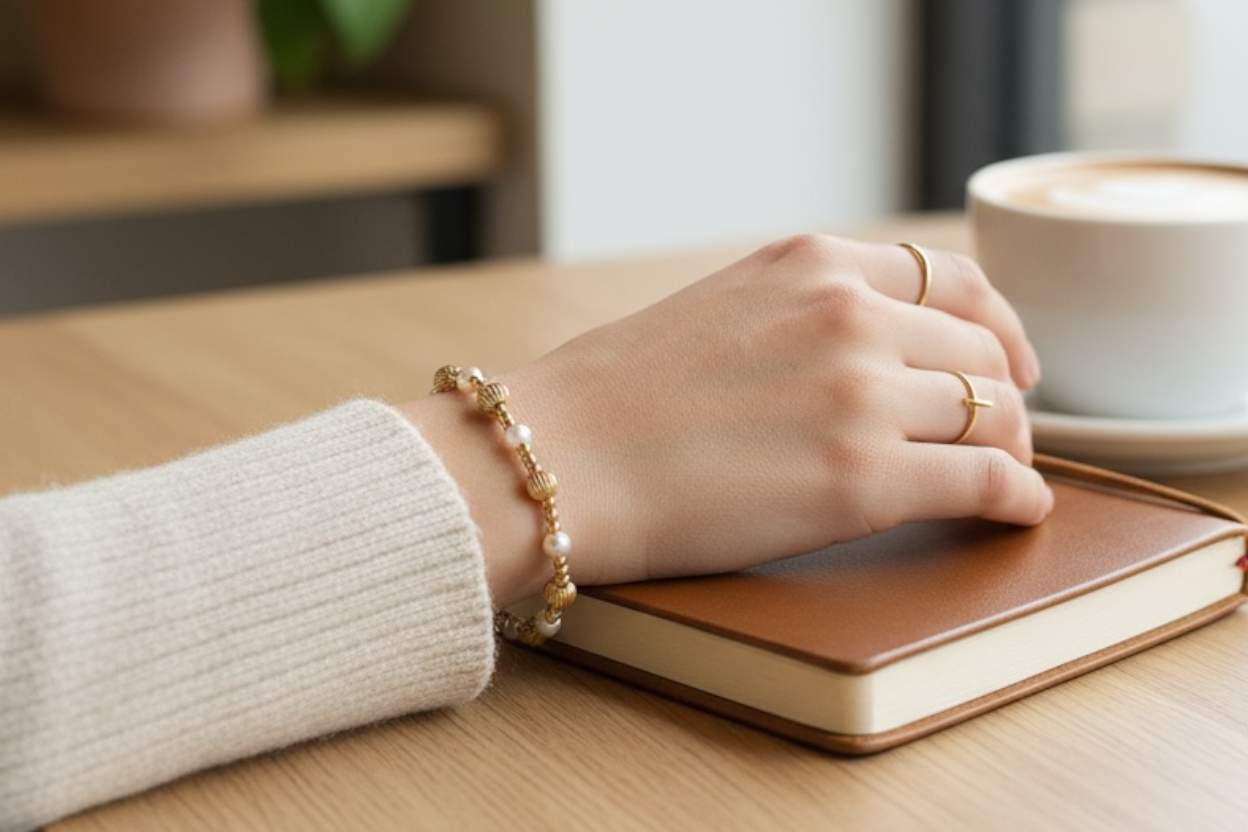 Abbigail ~ Gold Corrugated Alternating Pearl Triple Pattern 4mm | 2mm Beaded Bracelet