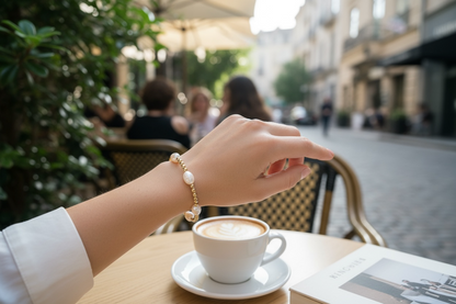 Jolleen ~ Gold Single Pearl Pattern 8.5mm Beaded Bracelet