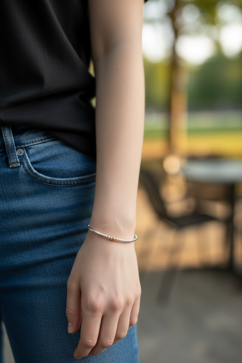 Avery ~ Two Tone Sterling Silver 2.5 | Gold Hammered 3mm Bangle Beaded Bracelet