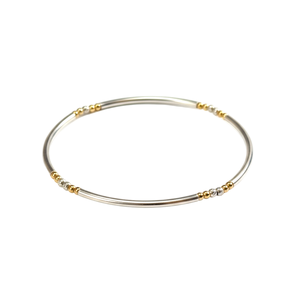 Mixed Metal Beaded Bangle Bracelet ~ Sterling Silver Moon Cut 2.5mm | Gold 2mm ~ Suzanne