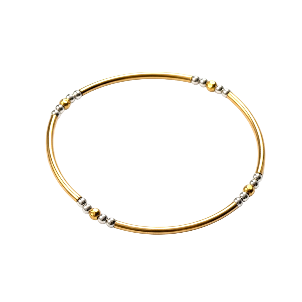 Mixed Metal Beaded Bangle Bracelet ~ Hammered Bead | Gold 3mm | Sterling Silver 2.5mm ~ Sarina