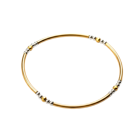 Sarina ~ Two Tone Gold Hammered 3mm | Sterling Silver 2.5mm Bangle Beaded Bracelet