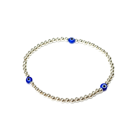 Sterling Silver Beaded Bracelet ~ 3mm ~ Blue Evil Eye
