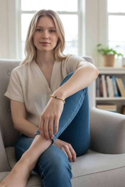 Evil Eye ~ Classic Gold 3mm Beaded Bracelet ~ Blue