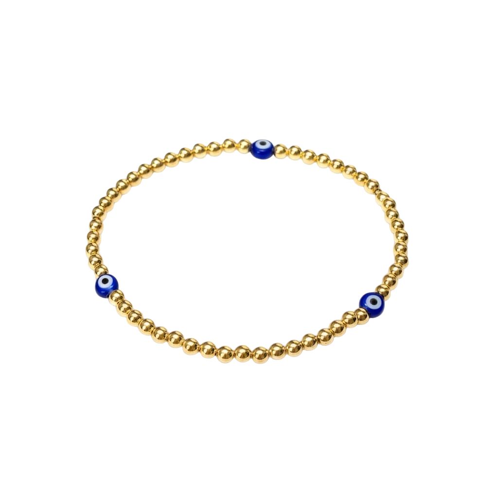 Evil Eye ~ Classic Gold 3mm Beaded Bracelet ~ Blue