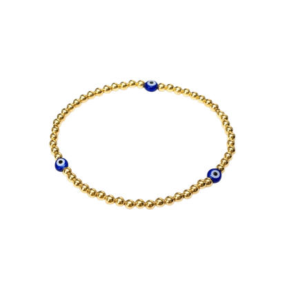 Evil Eye ~ Classic Gold 3mm Beaded Bracelet ~ Blue