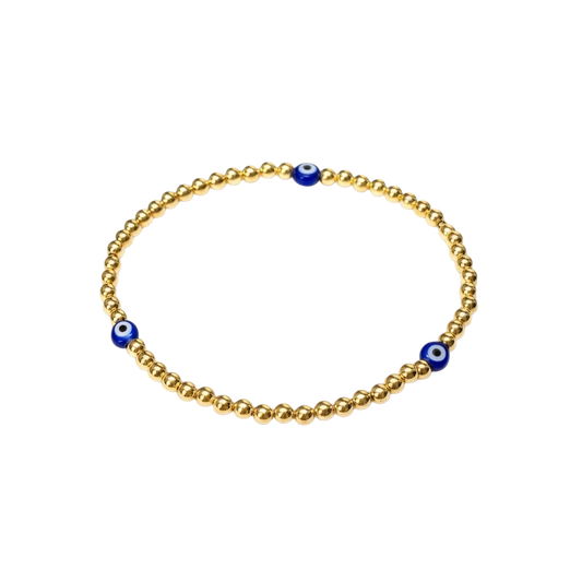 Evil Eye ~ Classic Gold 3mm Beaded Bracelet ~ Blue