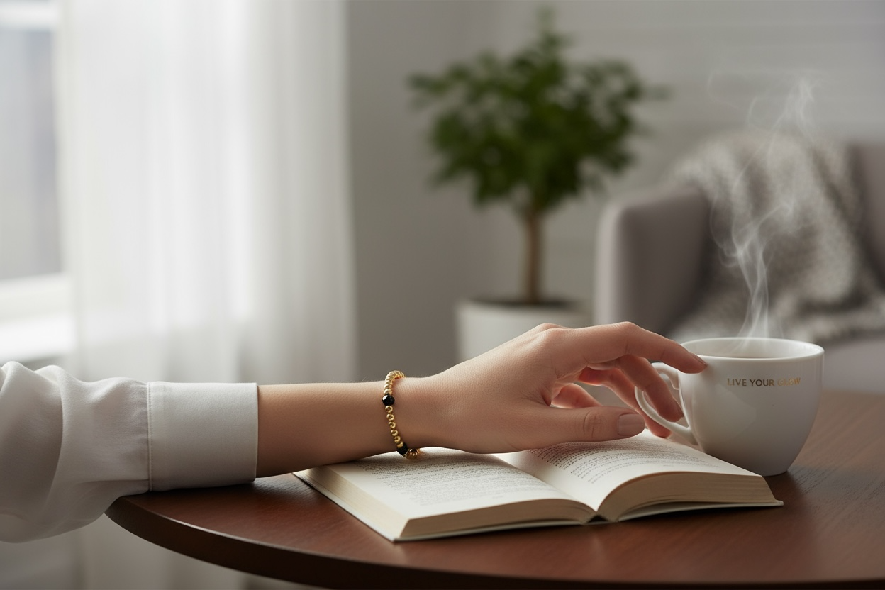 Gold Black Gemstone 4mm Single Pattern Beaded Bracelet