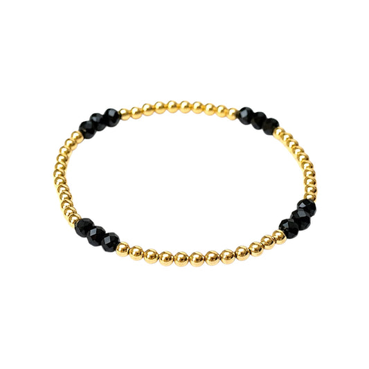 Gold Black Gemstone 4mm Triple Pattern Beaded Bracelet