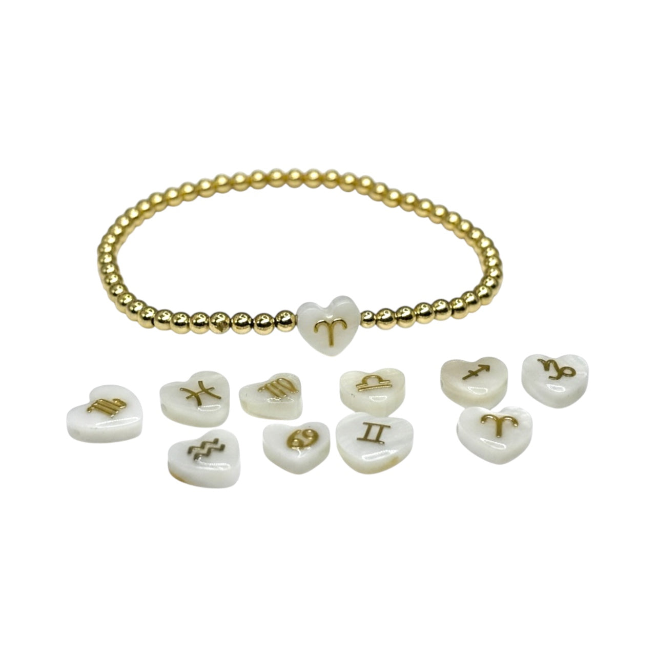 Zodiac ~ Gold Pearl Heart Zodiac 8MM | 3MM Beaded Bracelet
