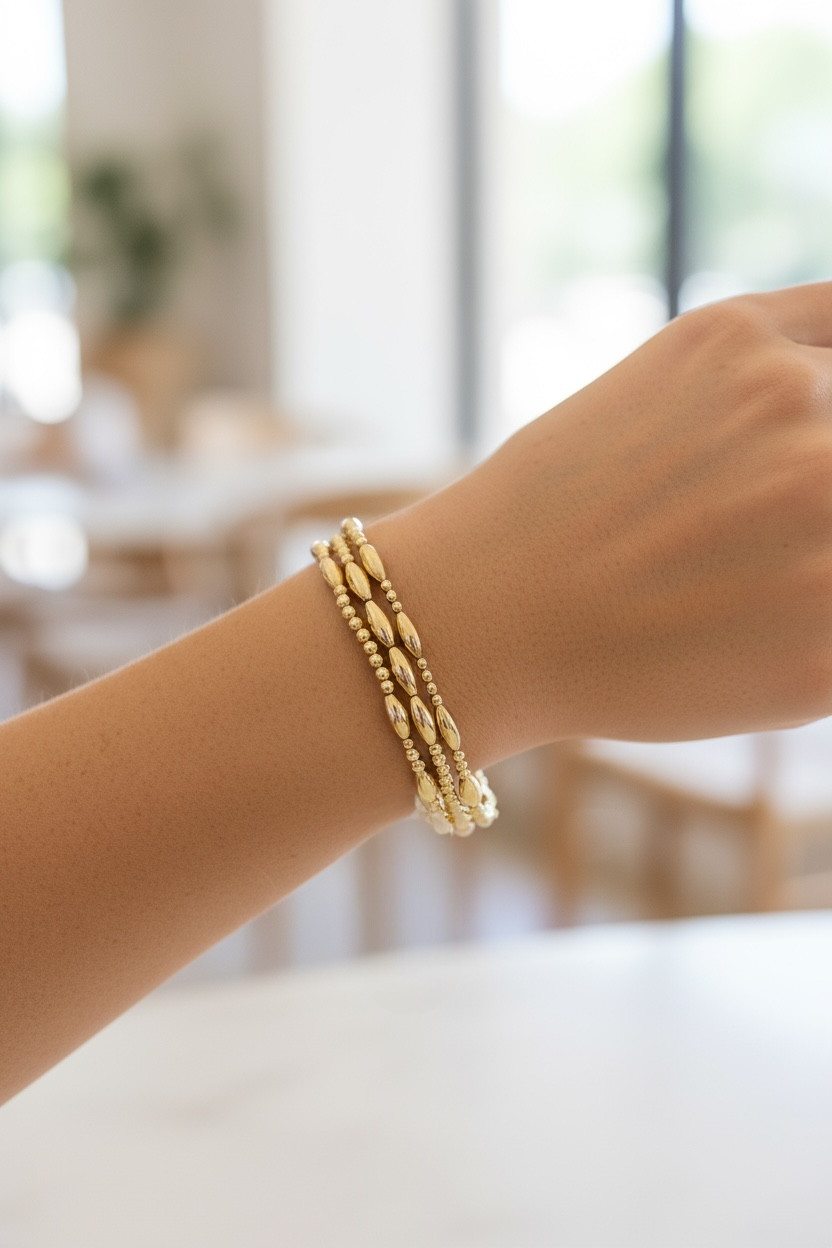 Gold Fila Riso Grande Alternating Pattern 7mm Bead Bracelet ~ Alexa