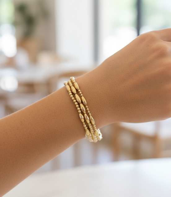 Gold Fila Riso Grande Alternating Pattern 7mm Bead Bracelet ~ Alexa