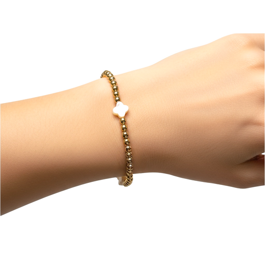 Lucky ~ Gold Pearl Clover Pattern 7mm | 2.5mm Beaded Bracelet