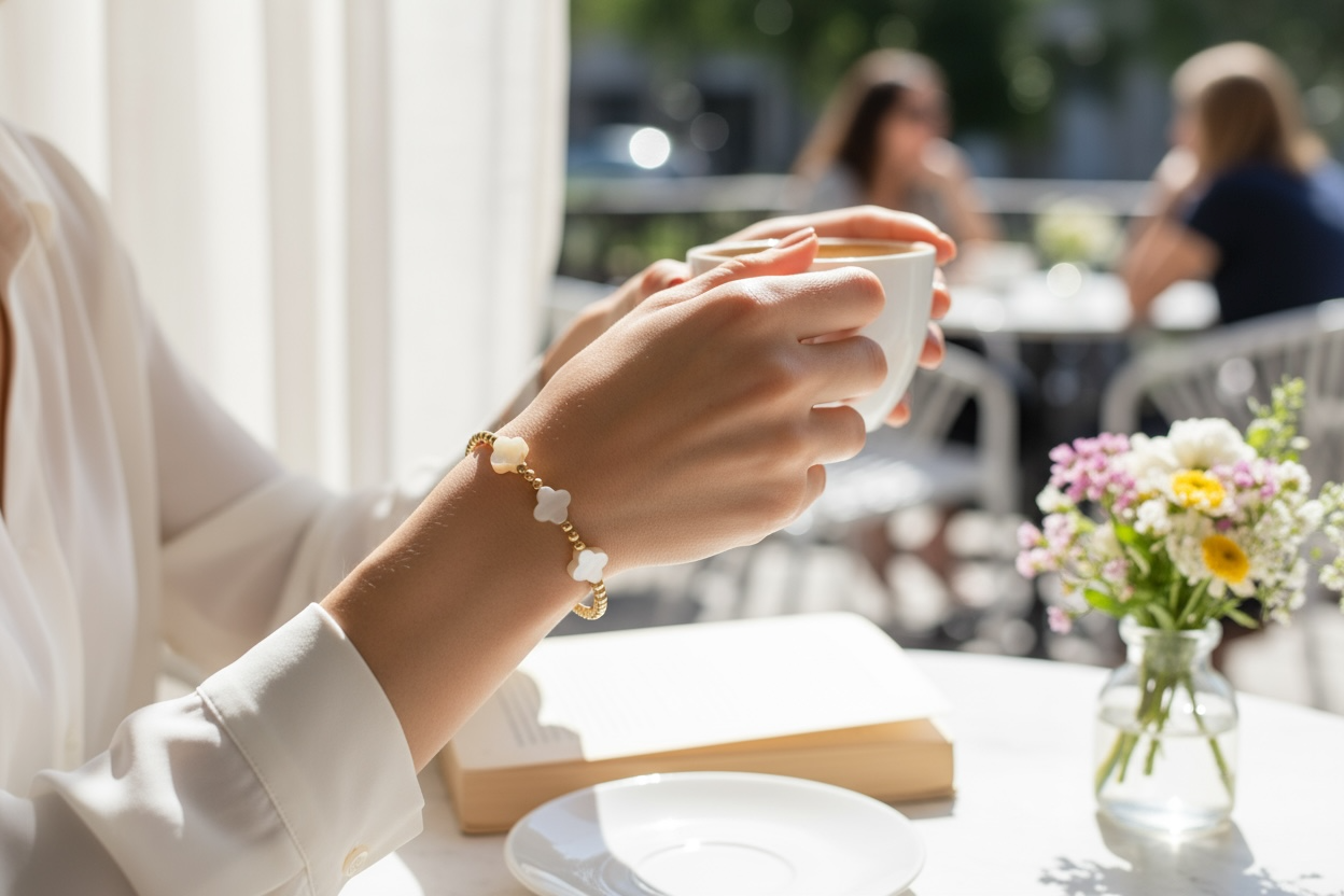 Clover ~ Gold Pearl Clover 7mm | 3mm Beaded Bracelet