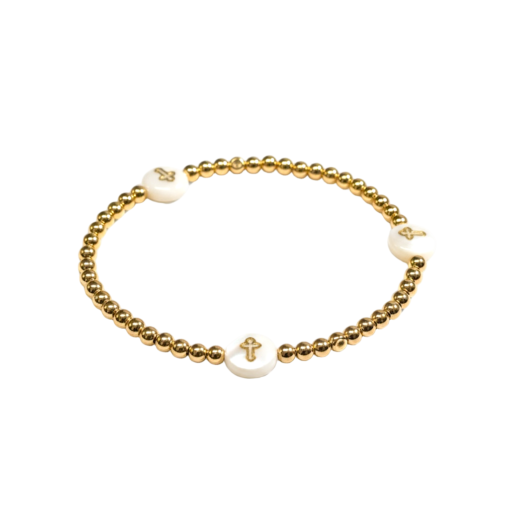 Faith ~ Gold 3mm Pearl Cross 8mm Bead Bracelet
