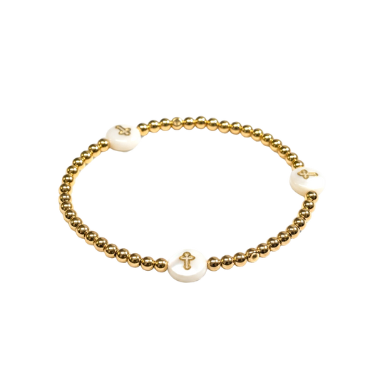 Faith ~ Gold 3mm Pearl Cross 8mm Bead Bracelet