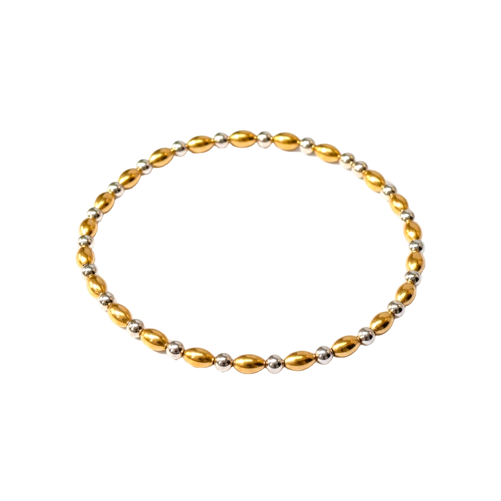 Mixed Metal Beaded Bracelet ~ Gold Rice Bead 5mm | Sterling Silver 2.5mm Alternating Pattern ~ Victoria