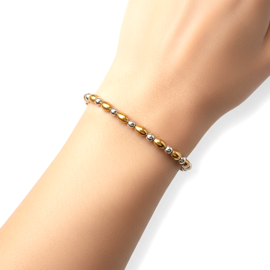 Mixed Metal Beaded Bracelet ~ Gold Rice Bead 5mm | Sterling Silver 2.5mm Alternating Pattern ~ Victoria