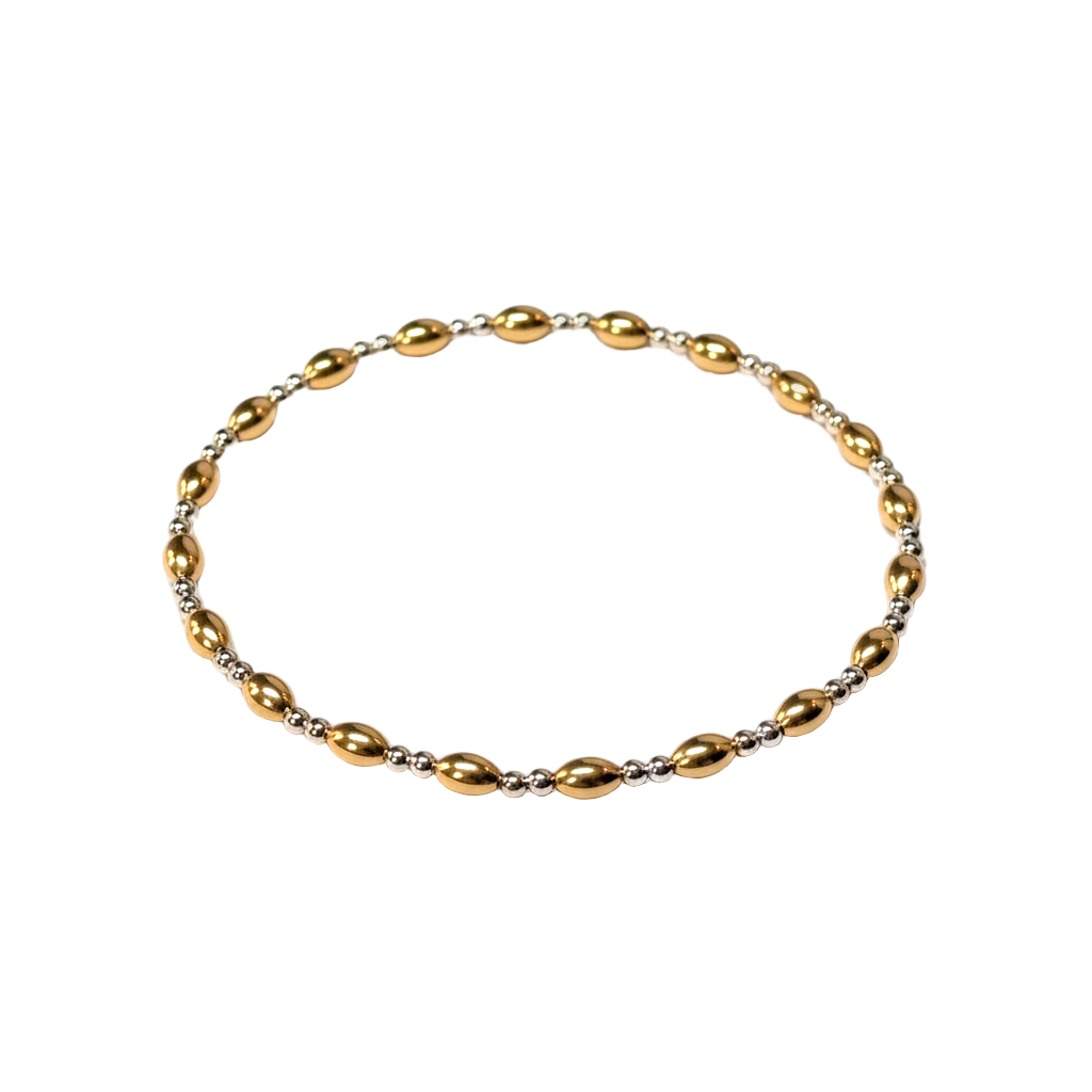 Louise ~ Two Tone Gold Rice 5mm | Sterling Silver 2mm Double Pattern Beaded Bracelet