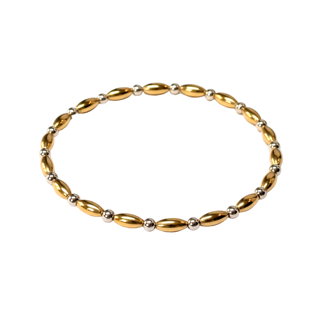 Patricia ~ Two Tone Gold Rice 7mm | Sterling Silver 2.5mm Alternating Pattern Beaded Bracelet
