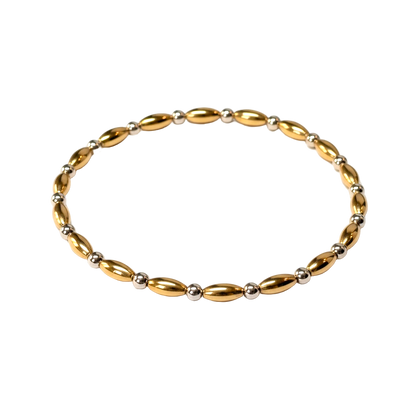 Patricia ~ Two Tone Gold Rice 7mm | Sterling Silver 2.5mm Alternating Pattern Beaded Bracelet
