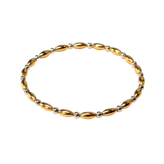 Patricia ~ Two Tone Gold Rice 7mm | Sterling Silver 2.5mm Alternating Pattern Beaded Bracelet