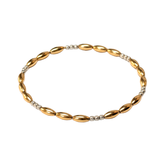 Deborah ~ Two Tone Gold Rice 7mm | Sterling Silver Moon Cut 2.5mm Triple Pattern Beaded Bracelet