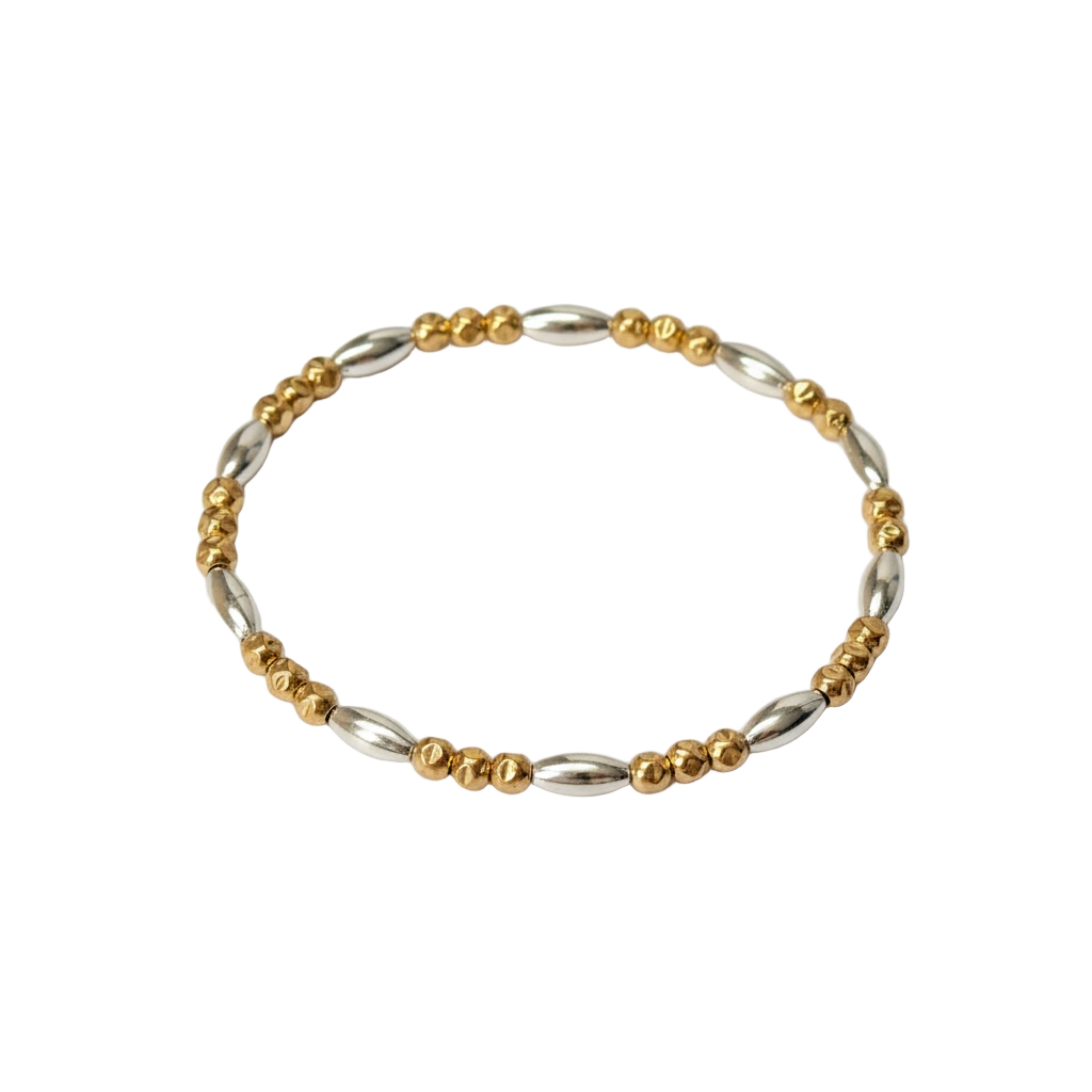 Barbara ~ Two Tone Sterling Silver Rice 7mm | Gold Hammered 3mm Triple Pattern Beaded Bracelet
