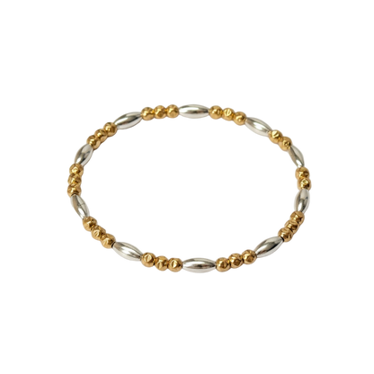 Barbara ~ Two Tone Sterling Silver Rice 7mm | Gold Hammered 3mm Triple Pattern Beaded Bracelet