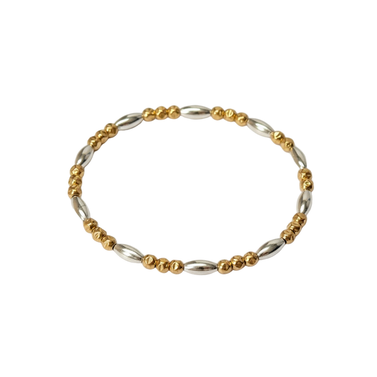 Barbara ~ Two Tone Sterling Silver Rice 7mm | Gold Hammered 3mm Triple Pattern Beaded Bracelet