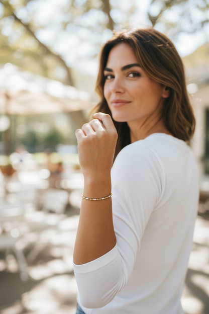 Barbara ~ Two Tone Sterling Silver Rice 7mm | Gold Hammered 3mm Triple Pattern Beaded Bracelet