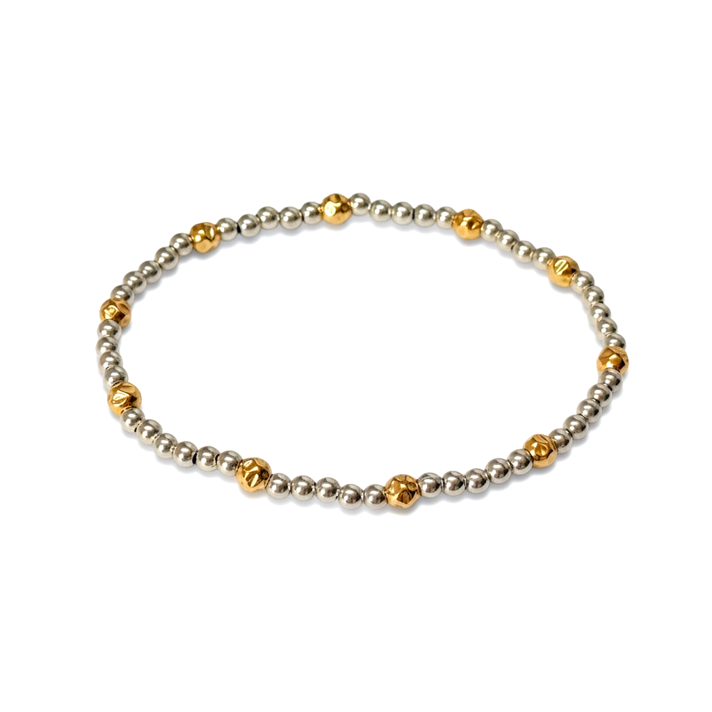 Allison ~ Two Tone Sterling Silver 3mm | Gold Hammered 4mm Pattern Beaded Bracelet