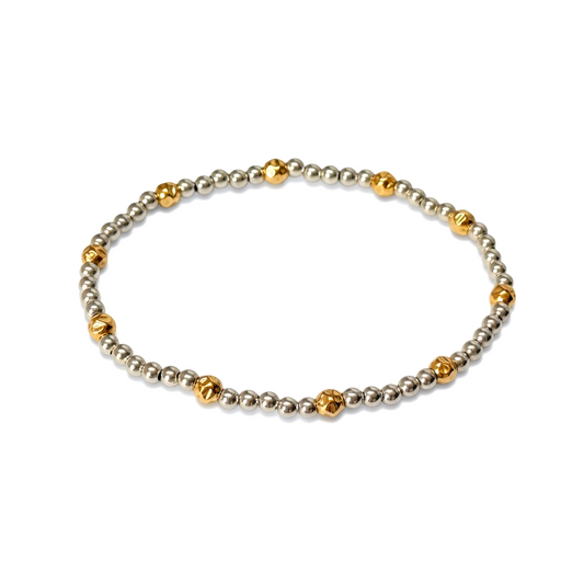 Allison ~ Two Tone Sterling Silver 3mm | Gold Hammered 4mm Pattern Beaded Bracelet