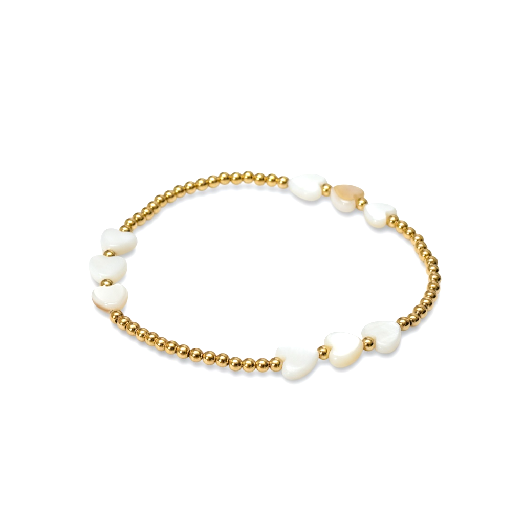Love ~ Gold Pearl Heart 7mm | 2.5mm Triple Pattern Beaded Bracelet