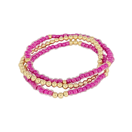 Fuschia ~ Gold 4mm | Miyuki Seed 4mm Beaded Bracelet Set