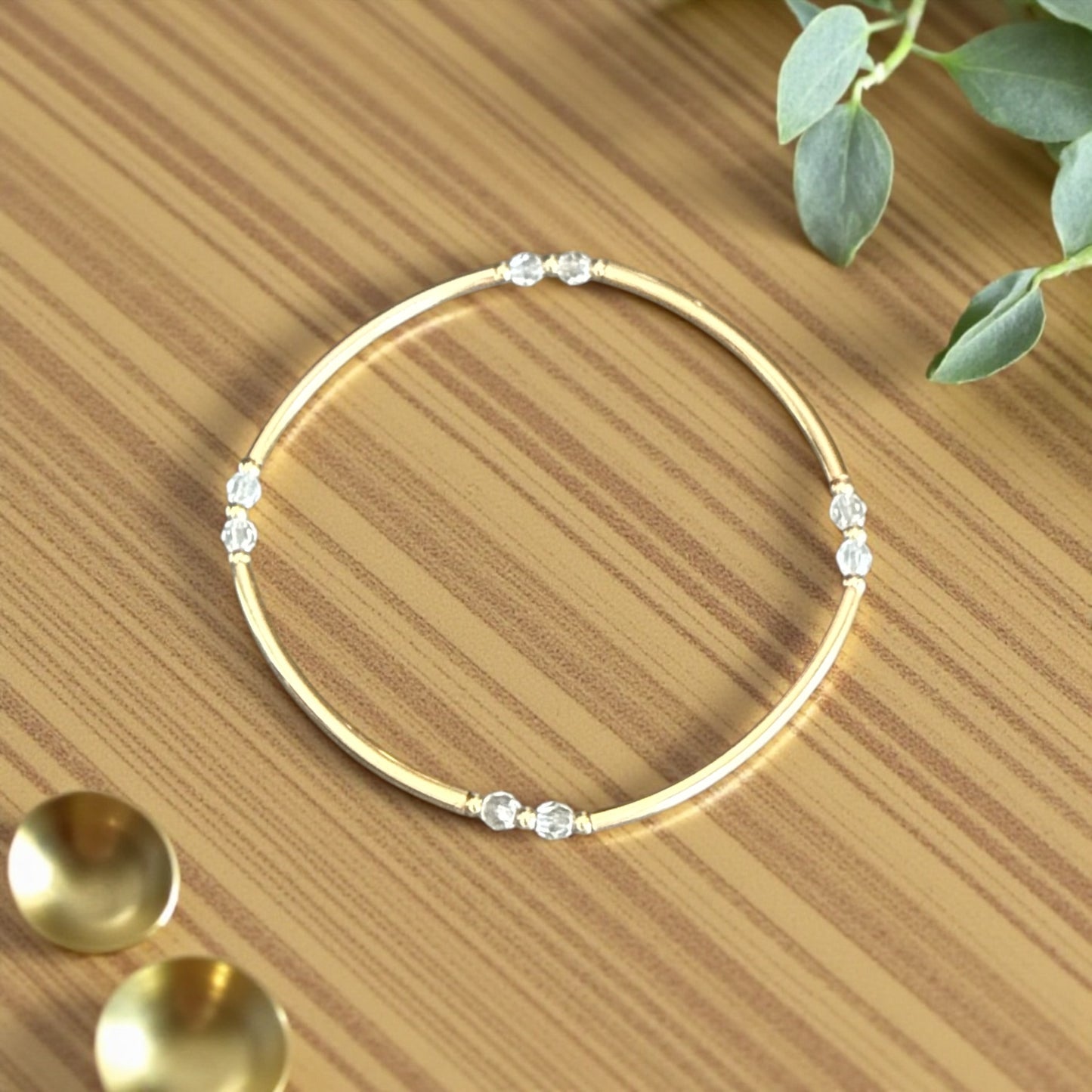 Birthstone ~ Swarovski Crystal 3mm | 2mm Gold Bangle Beaded Bracelet