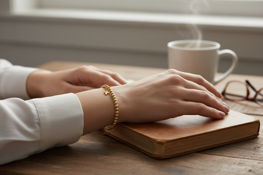 Gold Beaded Bracelet ~ 3mm ~ Cross