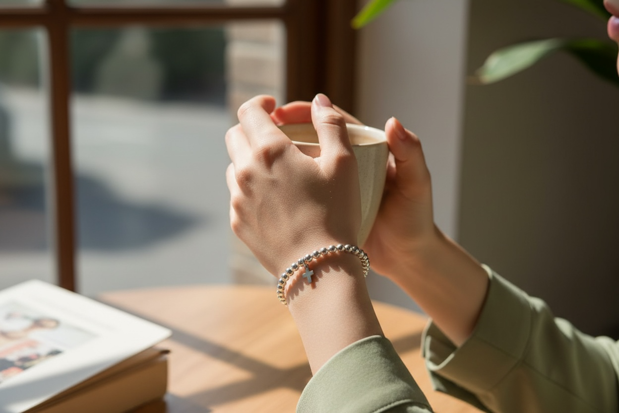 Sterling Silver Beaded Bracelet 3mm ~ Cross